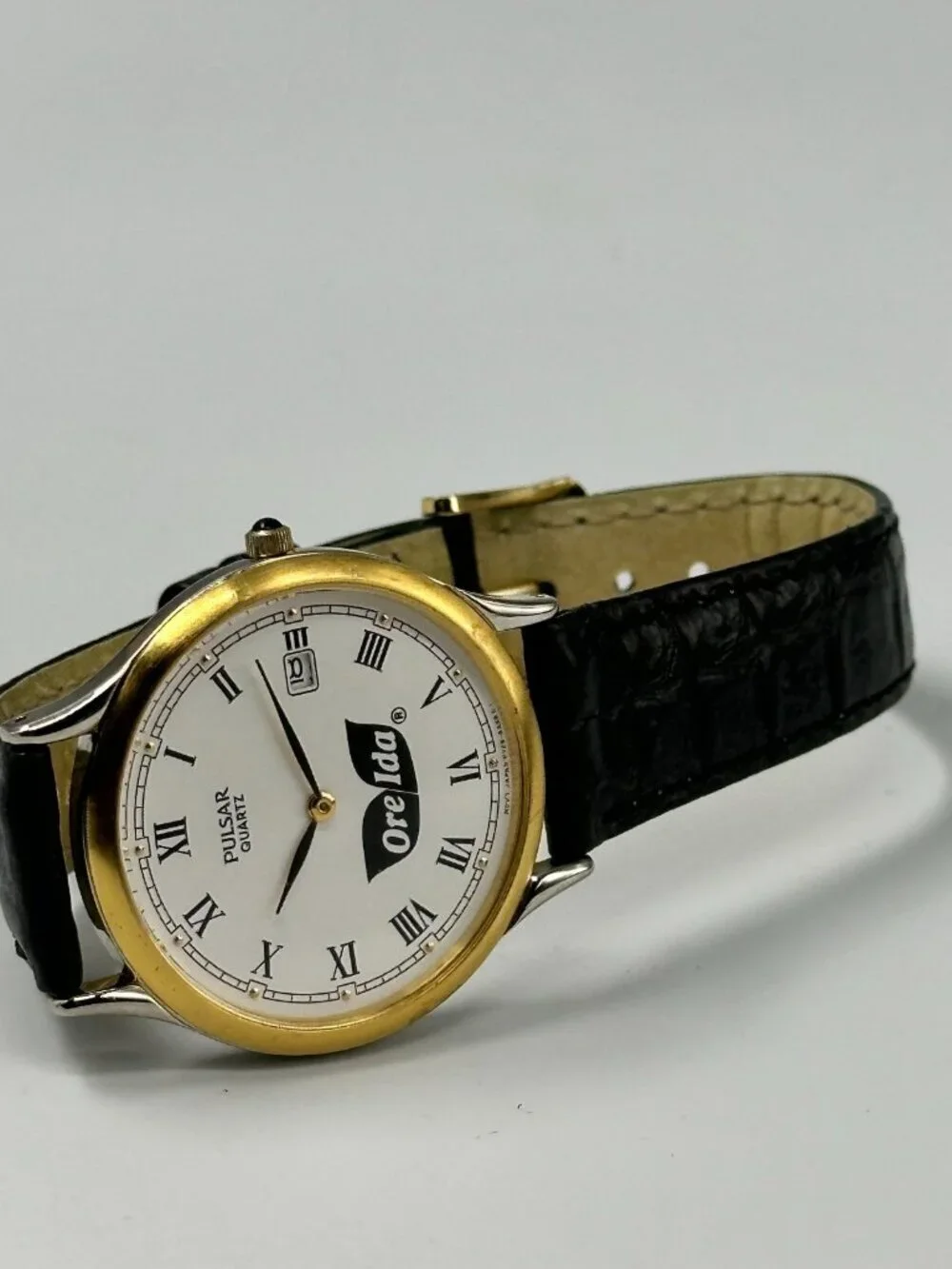 Vintage Pulsar Watch Men Gold Tone Ore Ida Logo Black Leather Band